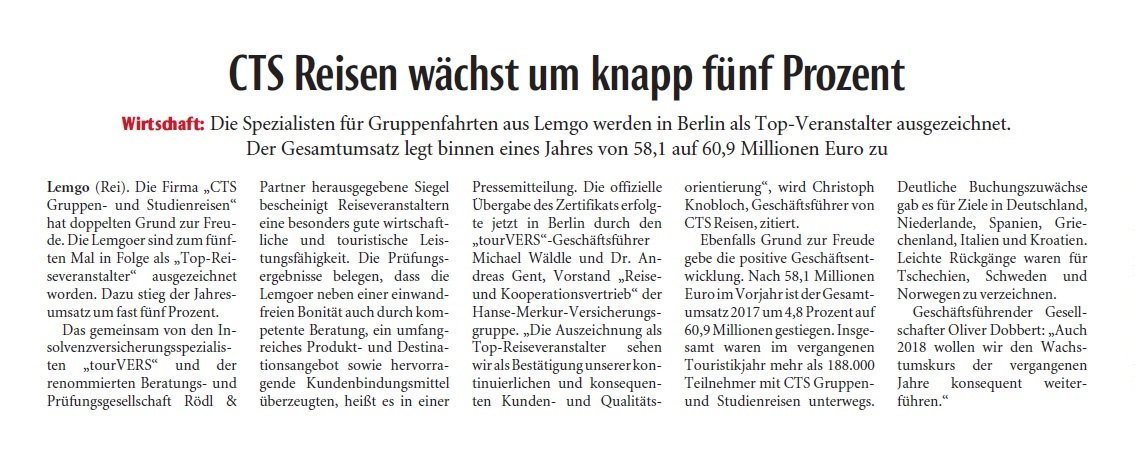 Zeitungsausschnitt zum Wachstum von CTS Reisen