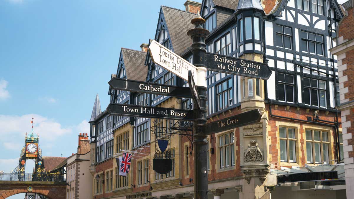 Schilder und East Gate Uhr in Chester