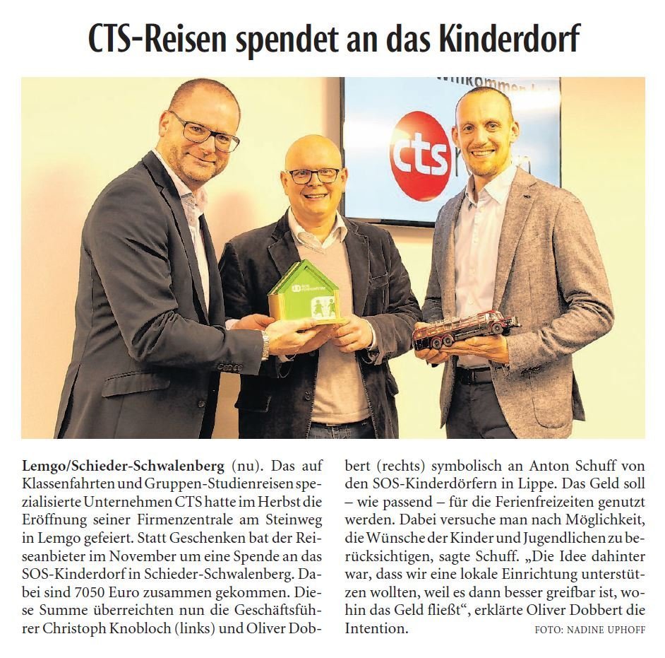 Zeitungsartikel der LZ mit der Überschrift CTS-Reisen spendet an das Kinderdorf